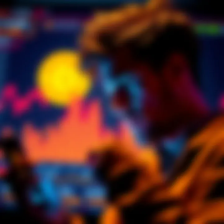 A person looking worried while checking Bitcoin prices on a phone, with a downward trend graph in the background