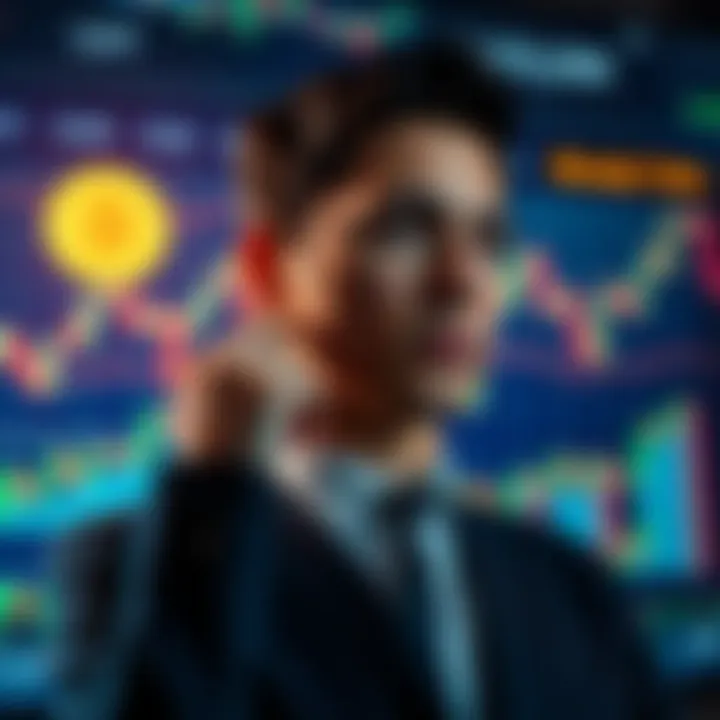 A person contemplating Bitcoin investment with charts and graphs in the background, representing market analysis for long-term gains.