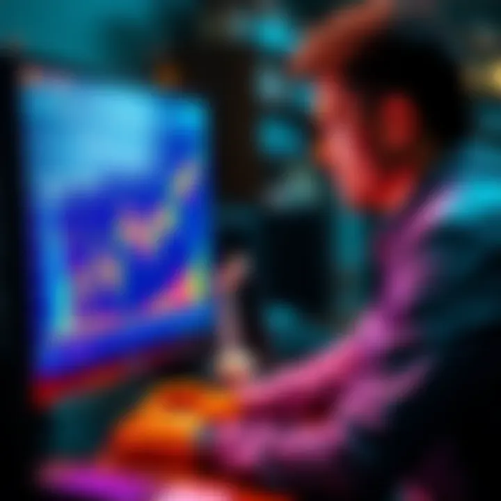 A person analyzing Bitcoin market trends on a computer screen, with charts showing rising prices and a thoughtful expression.