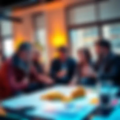 A group of people discussing Bitcoin investment strategies in a casual setting, with charts and graphs on the table.