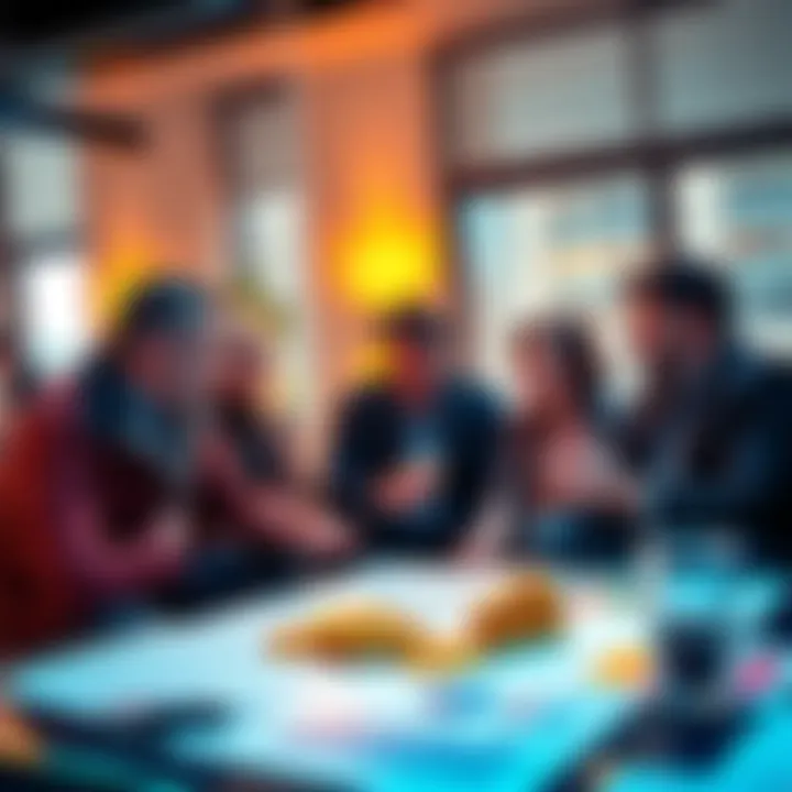 A group of people discussing Bitcoin investment strategies in a casual setting, with charts and graphs on the table.