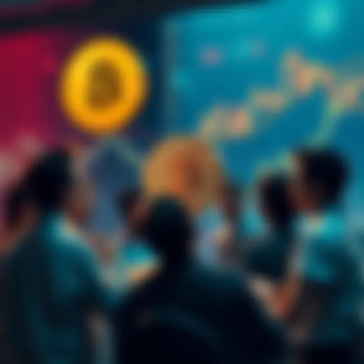 Group of people discussing Bitcoin investment strategies with charts and graphs in the background.