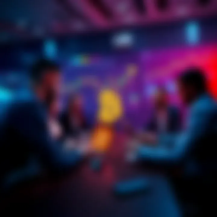 A group of people discussing Bitcoin investment strategies, with charts and graphs displayed on laptops and tablets.