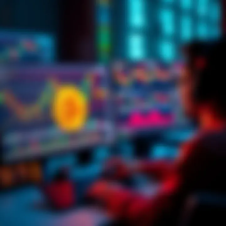 A person analyzing Bitcoin market trends on a computer with financial graphs displayed