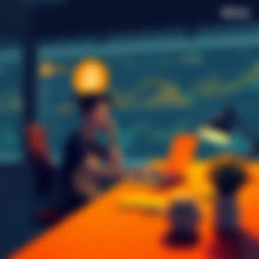 A person sitting at a desk with a laptop, looking thoughtfully at Bitcoin charts and graphs, symbolizing the struggle of investment timing.