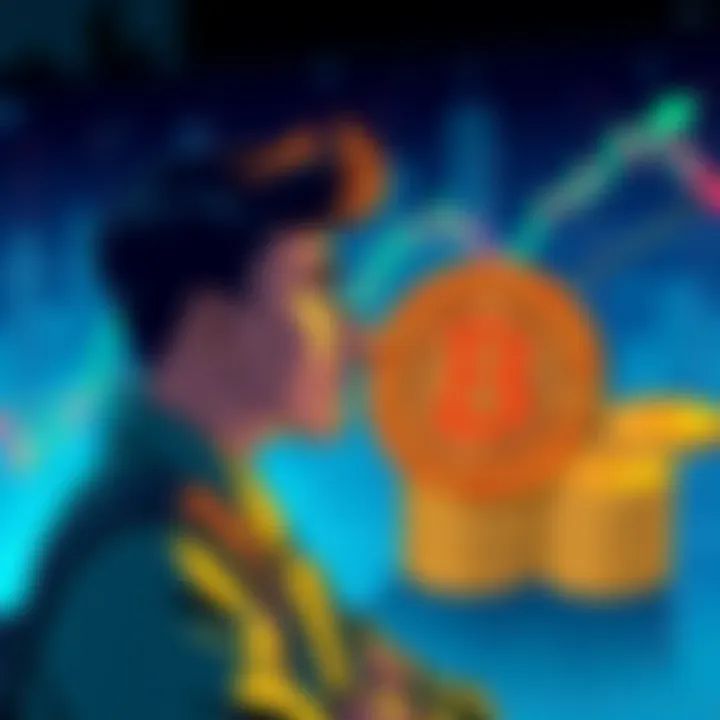 Bitcoin investment illustration A person contemplating investing in Bitcoin with a chart showing rising prices in the background
