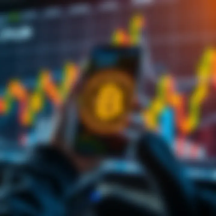 A person holding a smartphone displaying a Bitcoin logo with financial graphs in the background