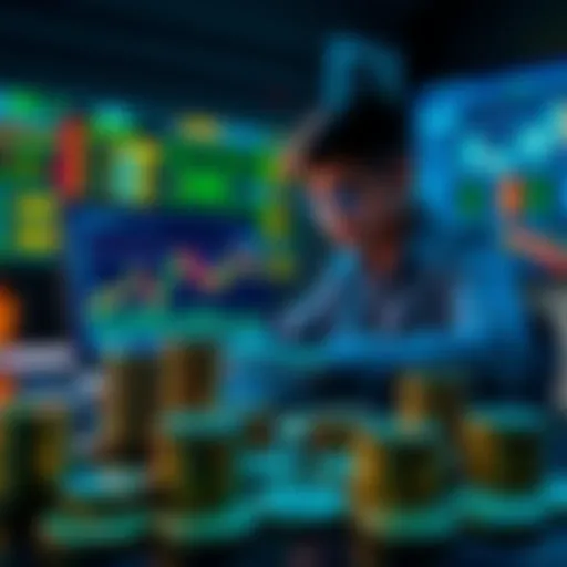 A person analyzing Bitcoin charts on a laptop with stacks of coins in the foreground.