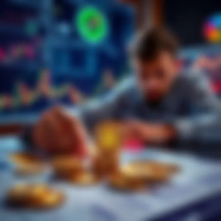 A person examining different Bitcoin investment plans on a table with charts and coins.