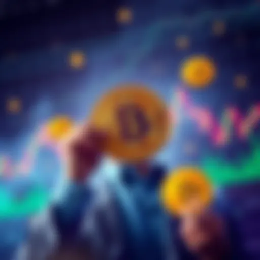 A confident investor discusses their strategy for buying Bitcoin at a notable price, showing financial graphs and Bitcoin symbols.