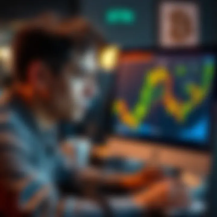 A calm person looking at Bitcoin charts on a computer with a steady expression, reflecting a long-term investment approach.
