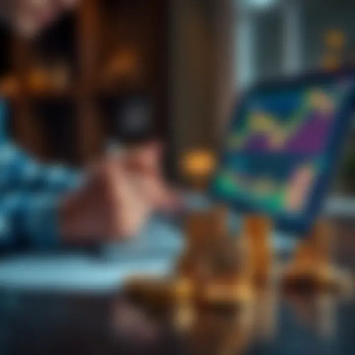 A person analyzing Bitcoin charts on a laptop, with coins and a graph showing upward trends on the table.