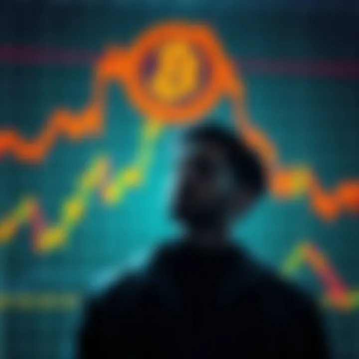 Bitcoin Investment Strategy A person contemplating whether to hold or sell Bitcoin, with a graph showing fluctuating prices in the background.