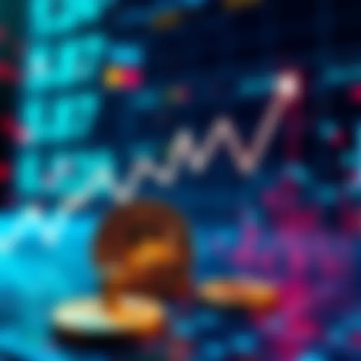 A graphic showing rising and falling trends in Bitcoin prices with financial symbols