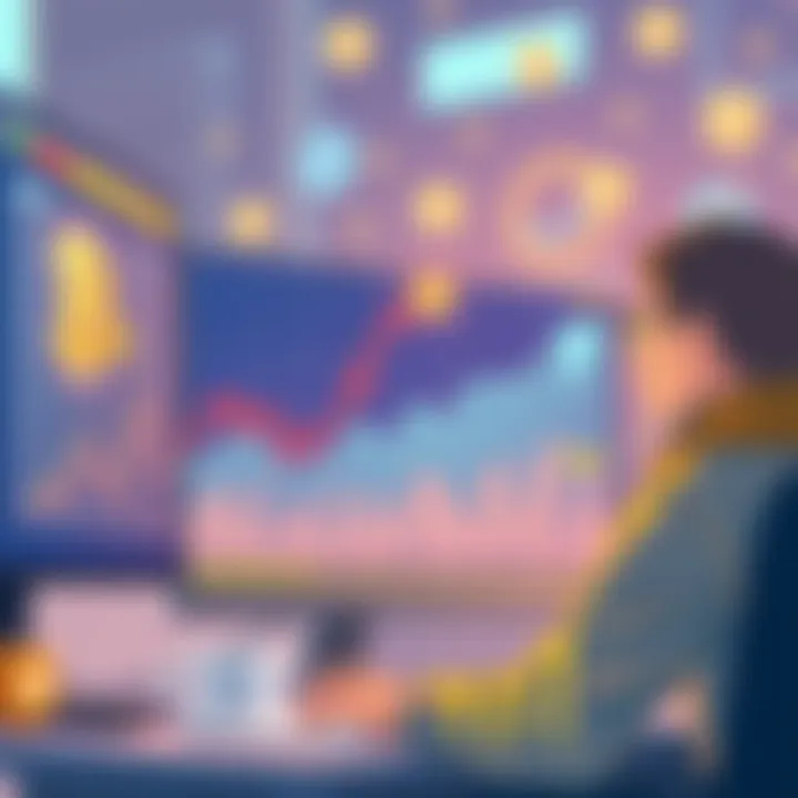 An illustration showing a downward trend in Bitcoin value with a worried investor looking at graphs on a computer screen