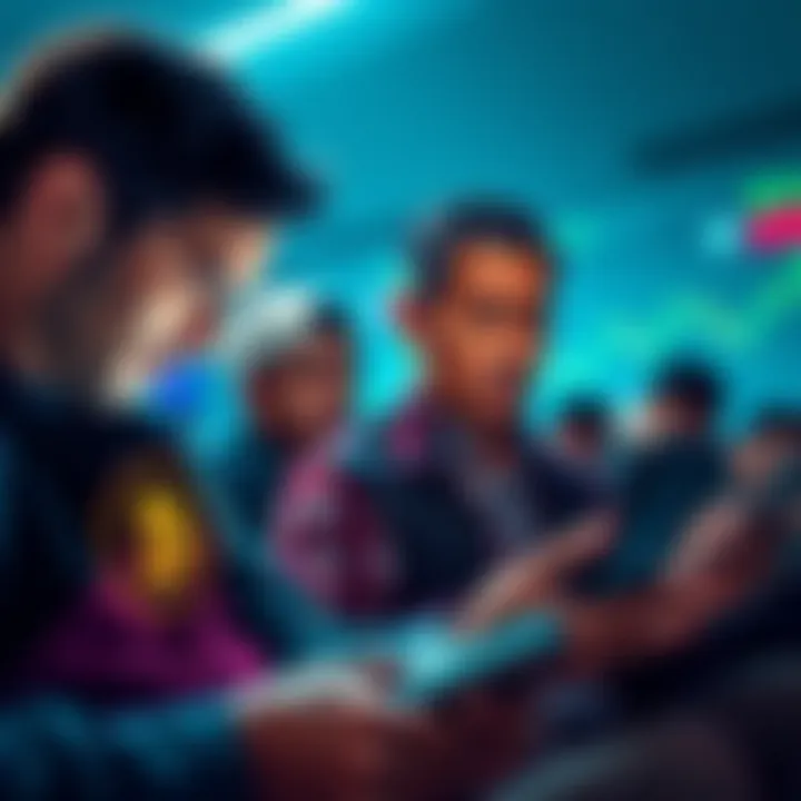 A group of distressed Bitcoin investors looking at declining charts on their devices, showing signs of concern and frustration.