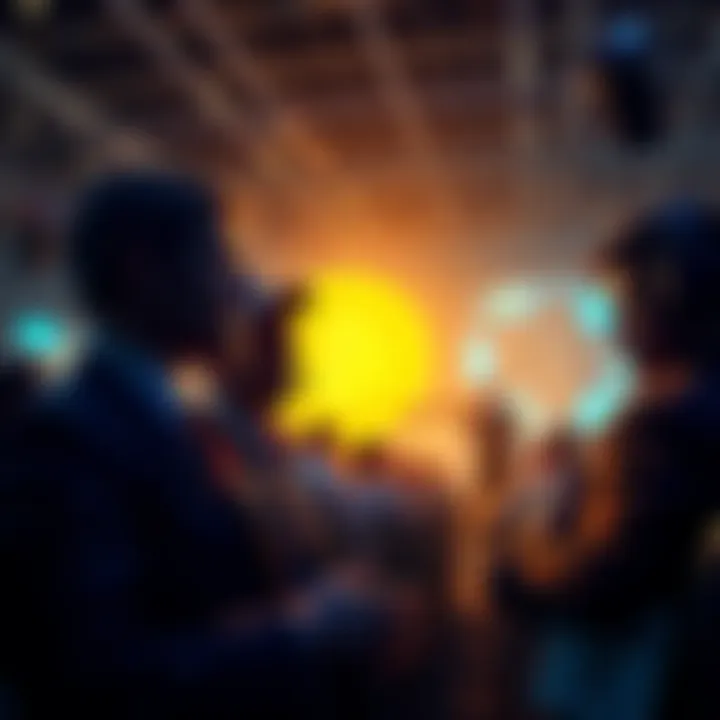 A group of worried investors discussing losses from early Bitcoin investments at a conference