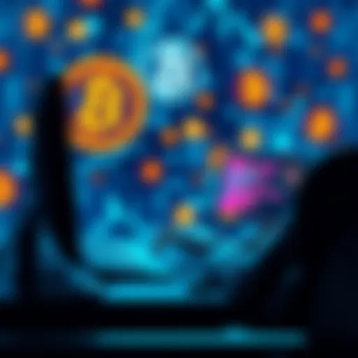 A person sitting at a computer, typing code to guess Bitcoin private keys, with digital currency symbols in the background.