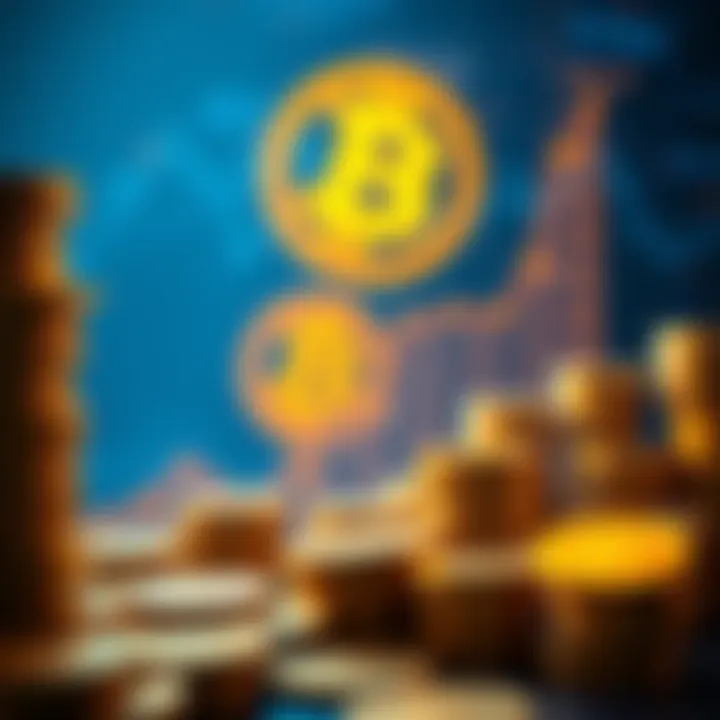 A graphic showing a rising chart representing the growth of Bitcoin-backed lending, with stacks of coins and a Bitcoin symbol in the background.