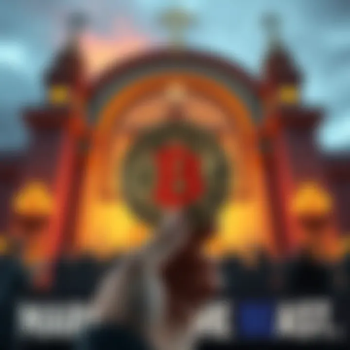 A person holding a Bitcoin symbol with religious symbols in the background, representing the debate on currency and faith