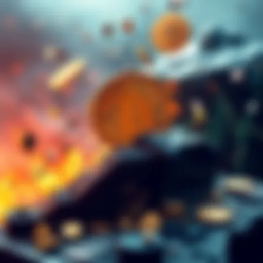 A visual representation of the Mt. Gox collapse showing Bitcoin falling with broken exchange logos, symbolizing the major loss and impact on cryptocurrency