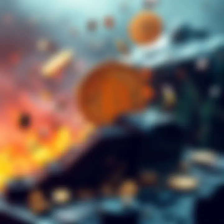 A visual representation of the Mt. Gox collapse showing Bitcoin falling with broken exchange logos, symbolizing the major loss and impact on cryptocurrency