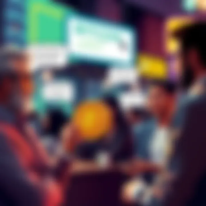 Bitcoin market coping phrases People discussing Bitcoin price drops with optimistic phrases in a lively setting