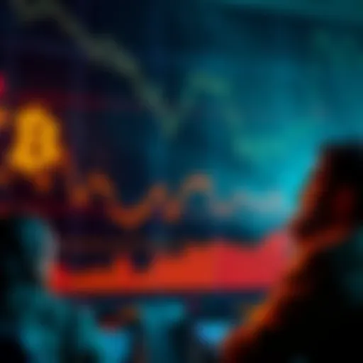 A graph showing a sharp decline in Bitcoin prices, with worried investors looking on. The background features a digital currency symbol.