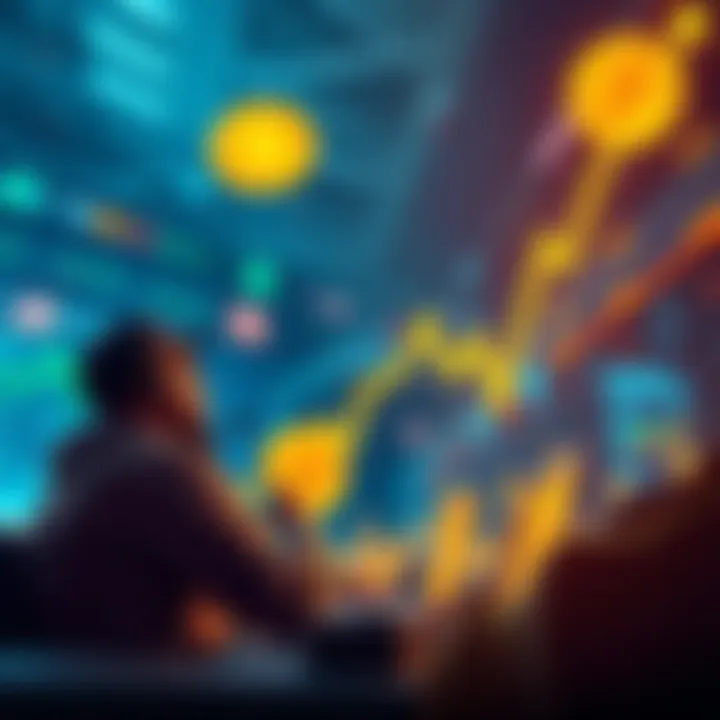 A downward trend graph with Bitcoin symbols and worried investors looking at their screens