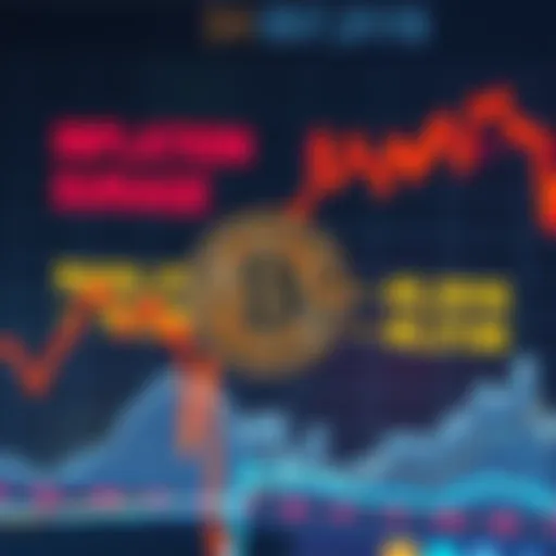 A graphic showing the Bitcoin symbol with a downward trend line against a backdrop of rising inflation text.