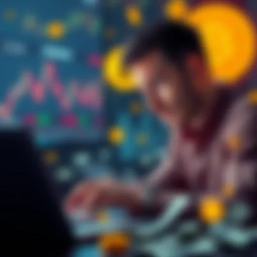 A person looking worried while watching Bitcoin prices drop on a laptop, with dollar bills around them.