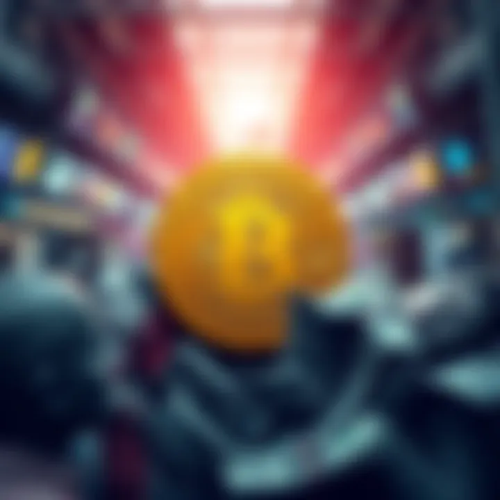A Bitcoin symbol surrounded by dollar bills and concerned faces representing societal issues and greed