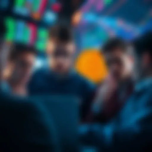 Traders analyzing Bitcoin charts with worried expressions as prices fluctuate.