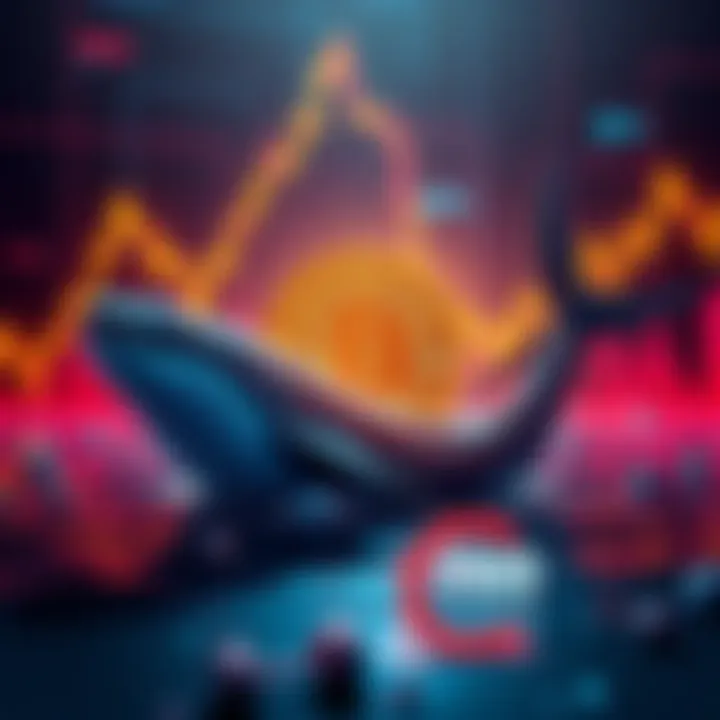 A visual representation of Bitcoin prices fluctuating, with whales symbolized by large fish shadowing the market, highlighting manipulation and potential growth.