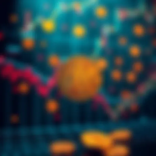 A graph showing Bitcoin price fluctuations with symbols of wholecoins in the background
