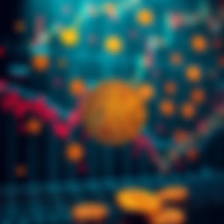 A graph showing Bitcoin price fluctuations with symbols of wholecoins in the background
