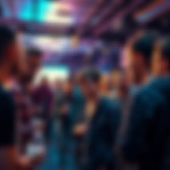 A group of local Bitcoin enthusiasts engaging in conversation at a meetup, with some people looking skeptical about AI influence in the event's excitement.