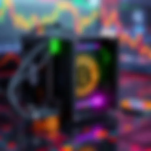 A bitcoin miner device surrounded by charts and financial data, showcasing its potential as an investment.