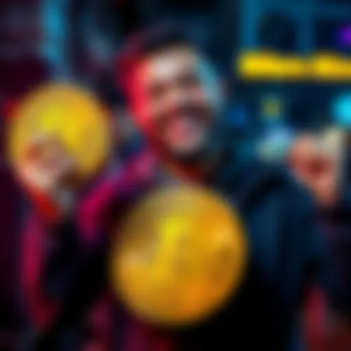 A solo bitcoin miner smiles in celebration holding a Bitcoin symbol and cash, representing their $265,000 block reward victory.