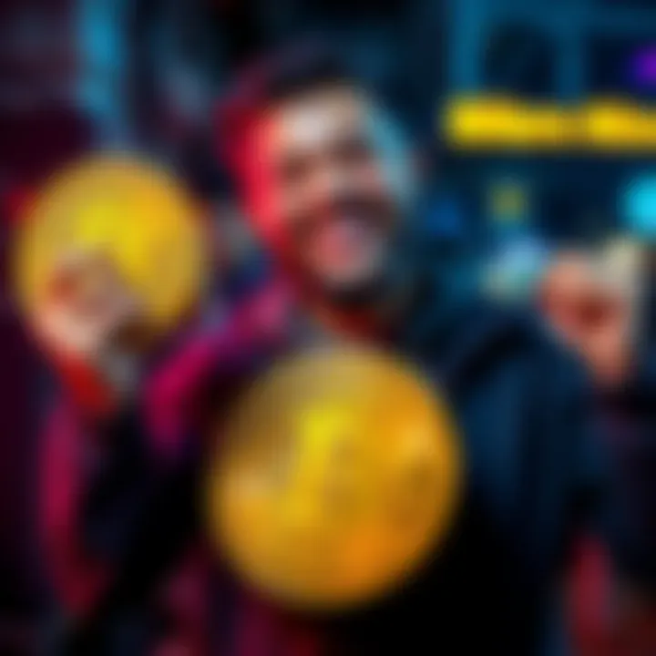 A solo bitcoin miner smiles in celebration holding a Bitcoin symbol and cash, representing their $265,000 block reward victory.