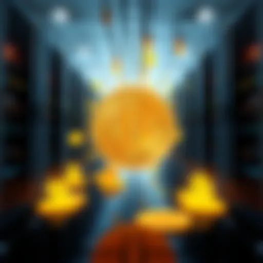 A representation of bitcoin miners turning into data centers, with server racks and bitcoin symbols