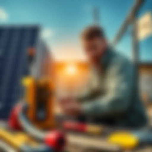 A person setting up Bitcoin mining equipment powered by solar panels, showing tools and a sunny background.