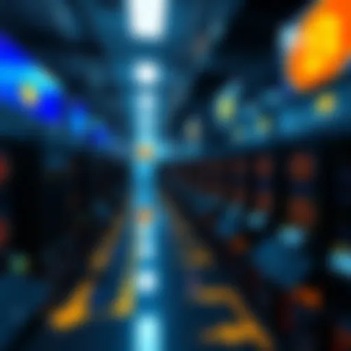 Bitcoin Mining Operation A large bitcoin mining facility with multiple mining rigs and screens showing bitcoin statistics, producing 25 bitcoins every 10 minutes.