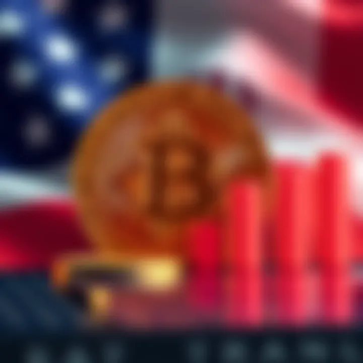 Bitcoin symbol with upward trend graph and US flag in background