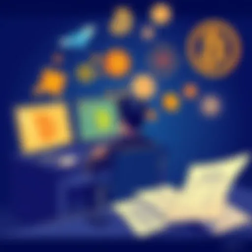 A person sitting in front of a computer with Bitcoin symbols on the screen, looking concerned about legal issues, surrounded by legal documents.