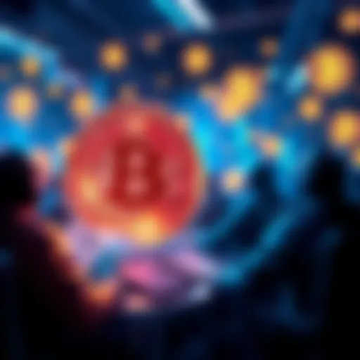 A graphic showing people operating Bitcoin nodes, receiving profit shares for their work, with Bitcoin symbols in the background.