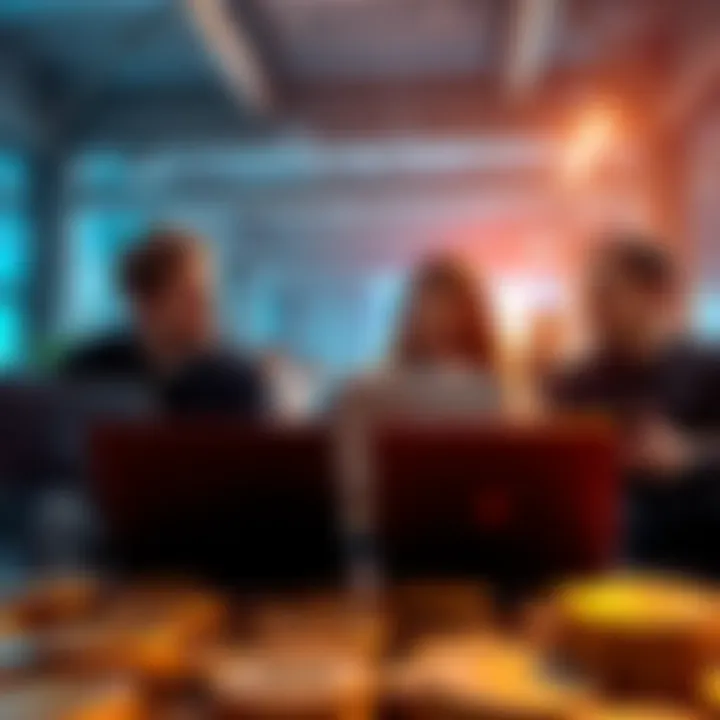 A group of people studying Bitcoin with laptops, looking overly confident while discussing their findings.