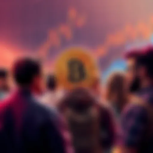 A group of people discussing their Bitcoin experiences with charts and graphs showing varying amounts of cryptocurrency in the background.