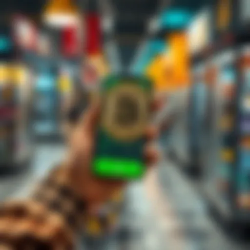 A person holds a smartphone displaying a Bitcoin wallet while shopping, showcasing Bitcoin as a payment method for everyday expenses like property taxes.