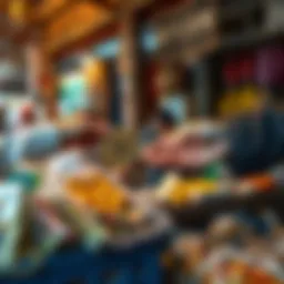 Hands exchanging Bitcoin for goods at a market stall, symbolizing the use of cryptocurrency in everyday transactions.